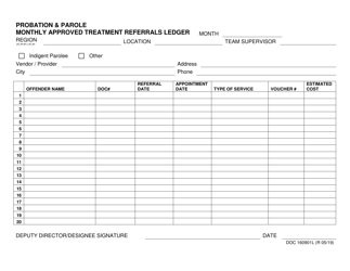 Document preview: DOC Form 160901L Probation & Parole Monthly Approved Treatment Referrals Ledger - Oklahoma
