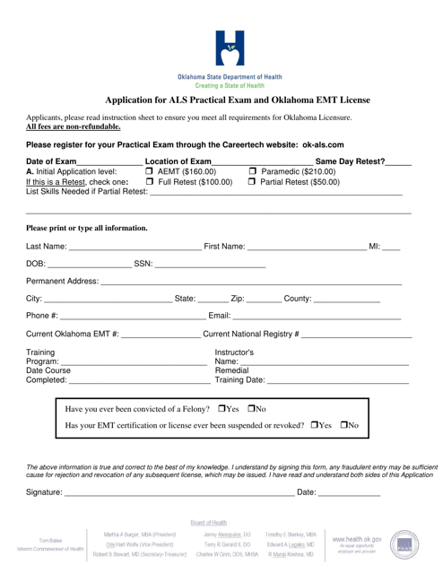 Application for Als Practical Exam and Oklahoma Emt License - Oklahoma