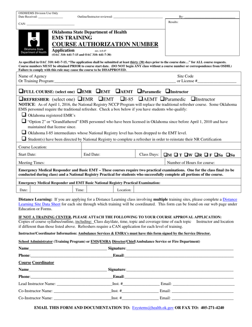EMS Training Course Authorization Number Application - Oklahoma