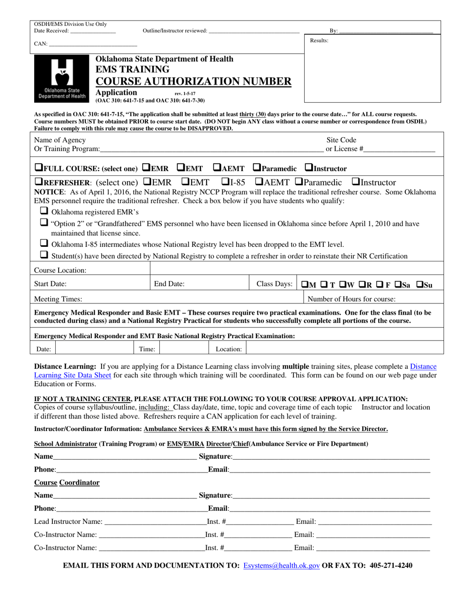 EMS Training Course Authorization Number Application - Oklahoma, Page 1