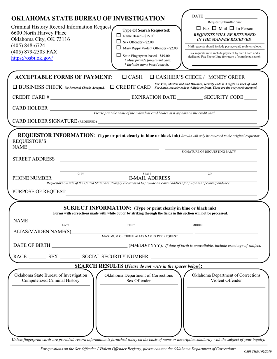 Criminal History Record Information Request - Oklahoma, Page 1