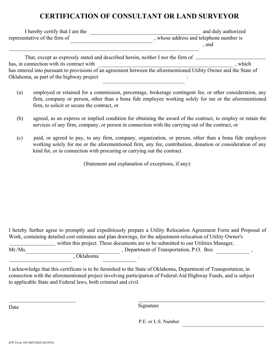 R / W Form 309 Certification of Consultant or Land Surveyor - Oklahoma, Page 1