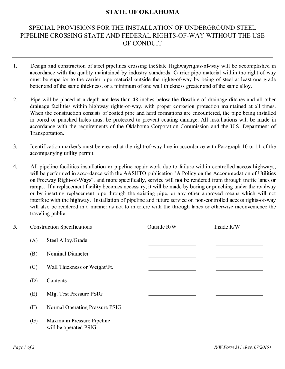 R / W Form 311 Special Provisions for the Installation of Underground Steel Pipeline Crossing State and Federal Rights-Of-Way Without the Use of Conduit - Oklahoma, Page 1