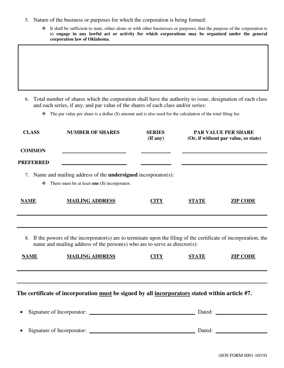 SOS Form 0001 Certificate of Incorporation (Oklahoma Corporation) - Oklahoma, Page 4