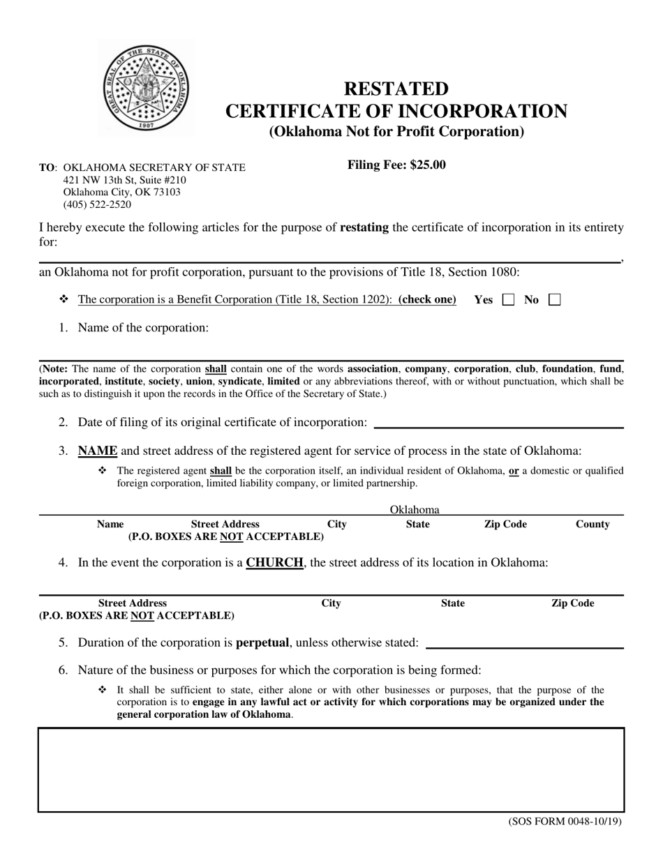 SOS Form 0048 Restated Certificate of Incorporation (Oklahoma Not for Profit Corporation) - Oklahoma, Page 1