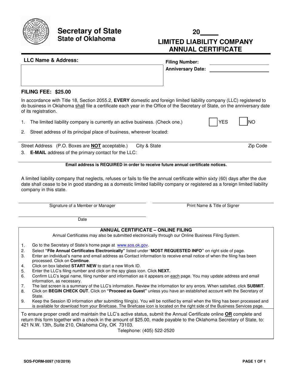 SOS Form 0097 Limited Liability Company Annual Certificate - Oklahoma, Page 1