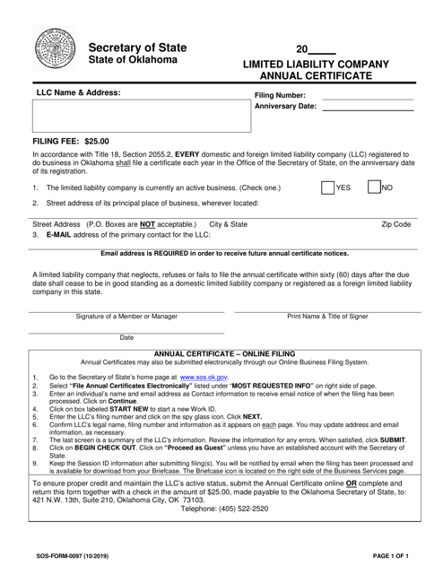 SOS Form 0097 Limited Liability Company Annual Certificate - Oklahoma
