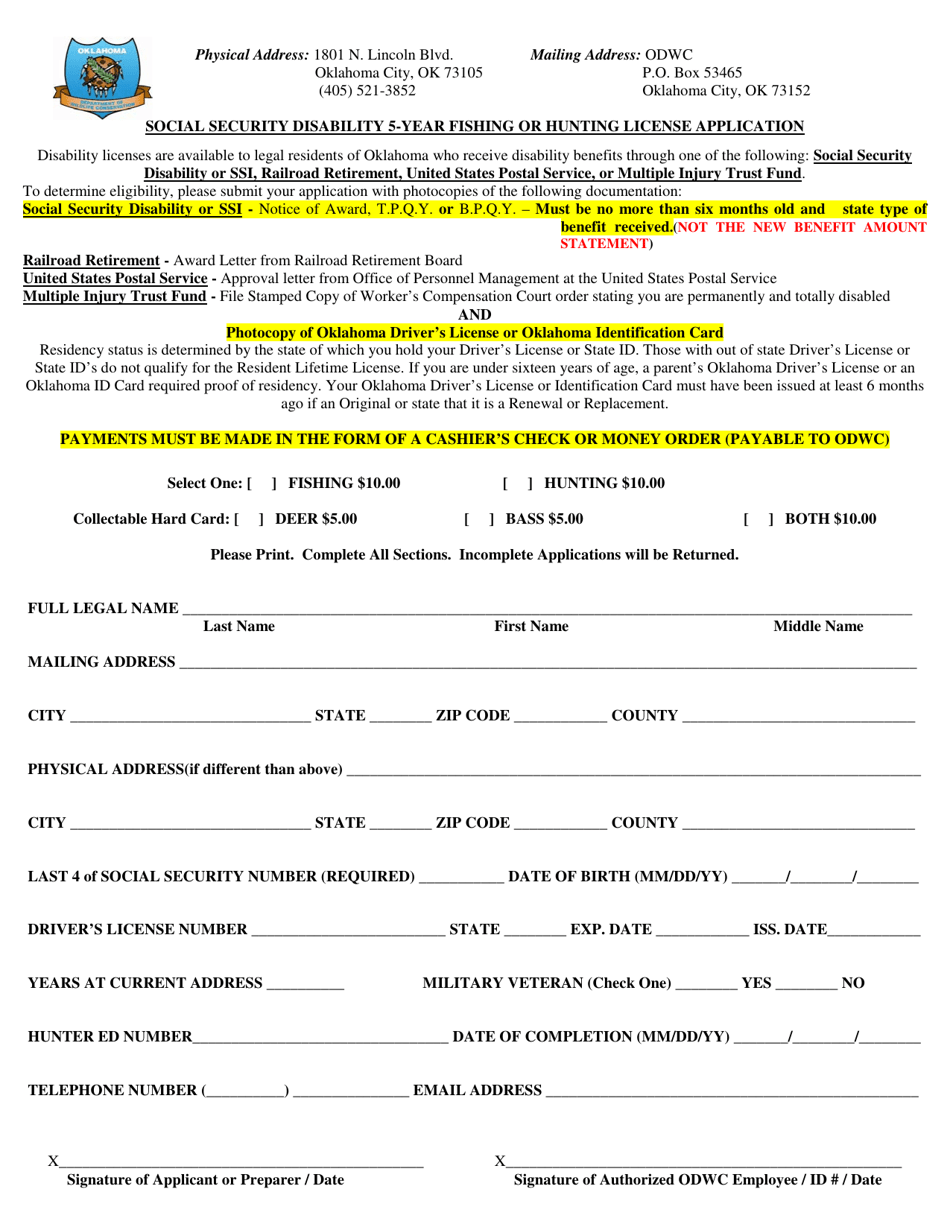 Social Security Disability 5-year Fishing or Hunting License Application - Oklahoma, Page 1