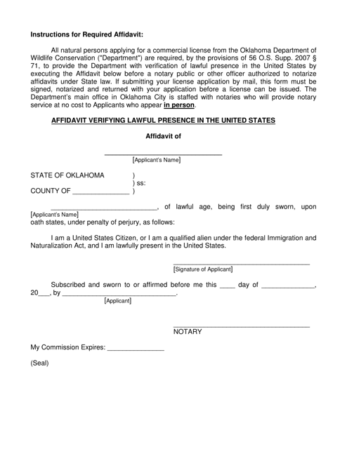 Affidavit Verifying Lawful Presence in the United States - Oklahoma