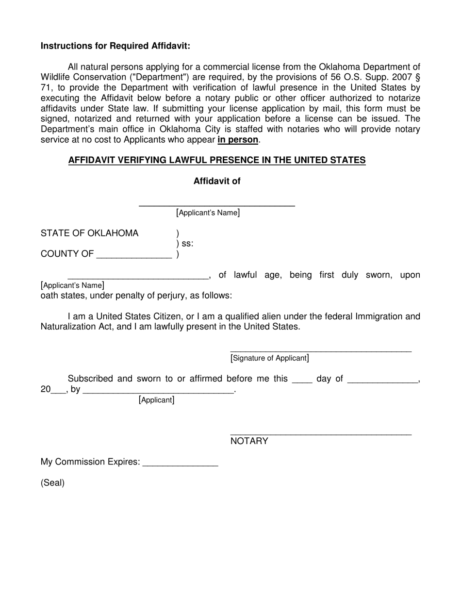 Affidavit Verifying Lawful Presence in the United States - Oklahoma, Page 1