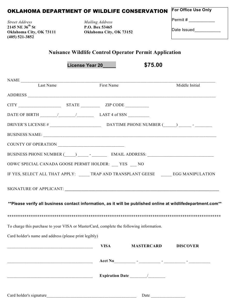 Oklahoma Nuisance Wildlife Control Operator Permit Application Download