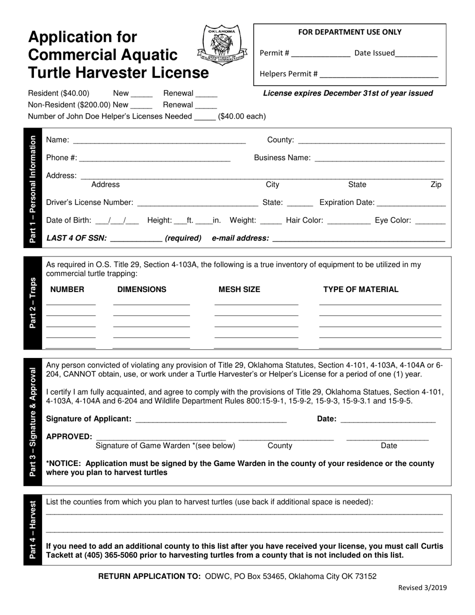 Application for Commercial Aquatic Turtle Harvester License - Oklahoma, Page 3