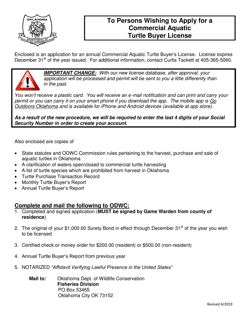 Oklahoma Application for Commercial Aquatic Turtle Buyer License