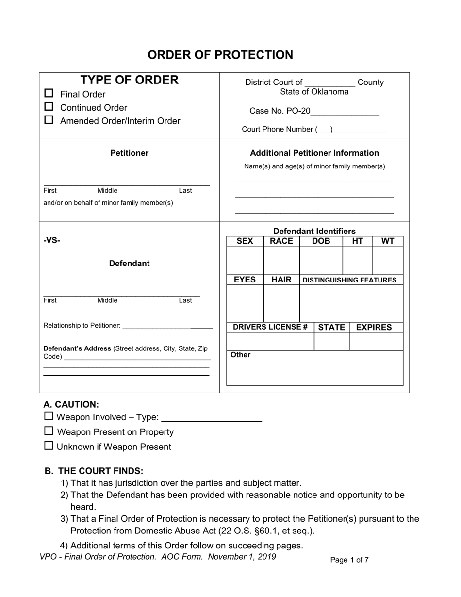 Final Order of Protection - Oklahoma, Page 1