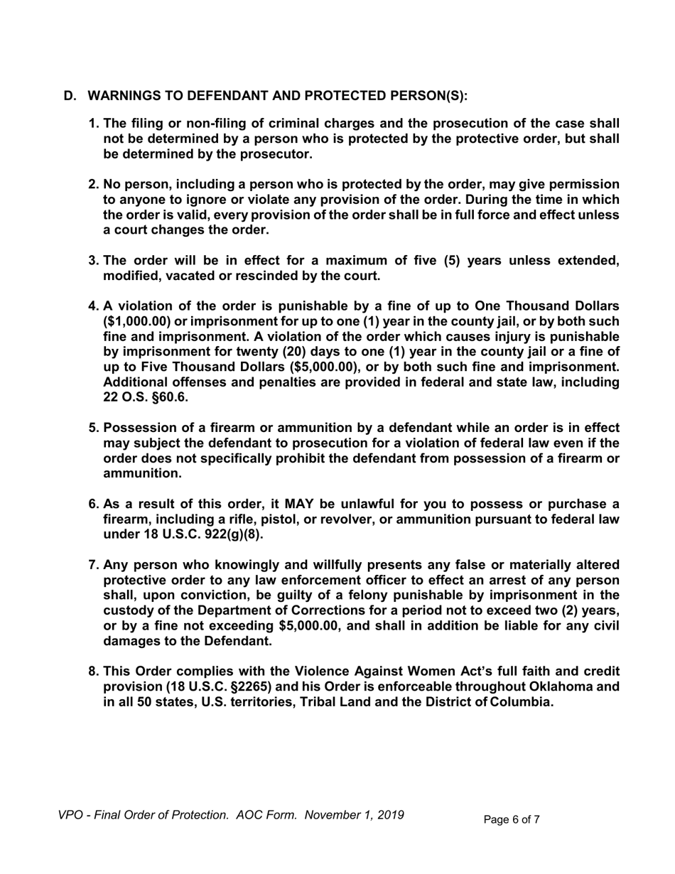 Final Order of Protection - Oklahoma, Page 6