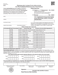 Form 710-H Personalized License Plate Application for Pre-numbered/Personalized Fund Raising - Oklahoma