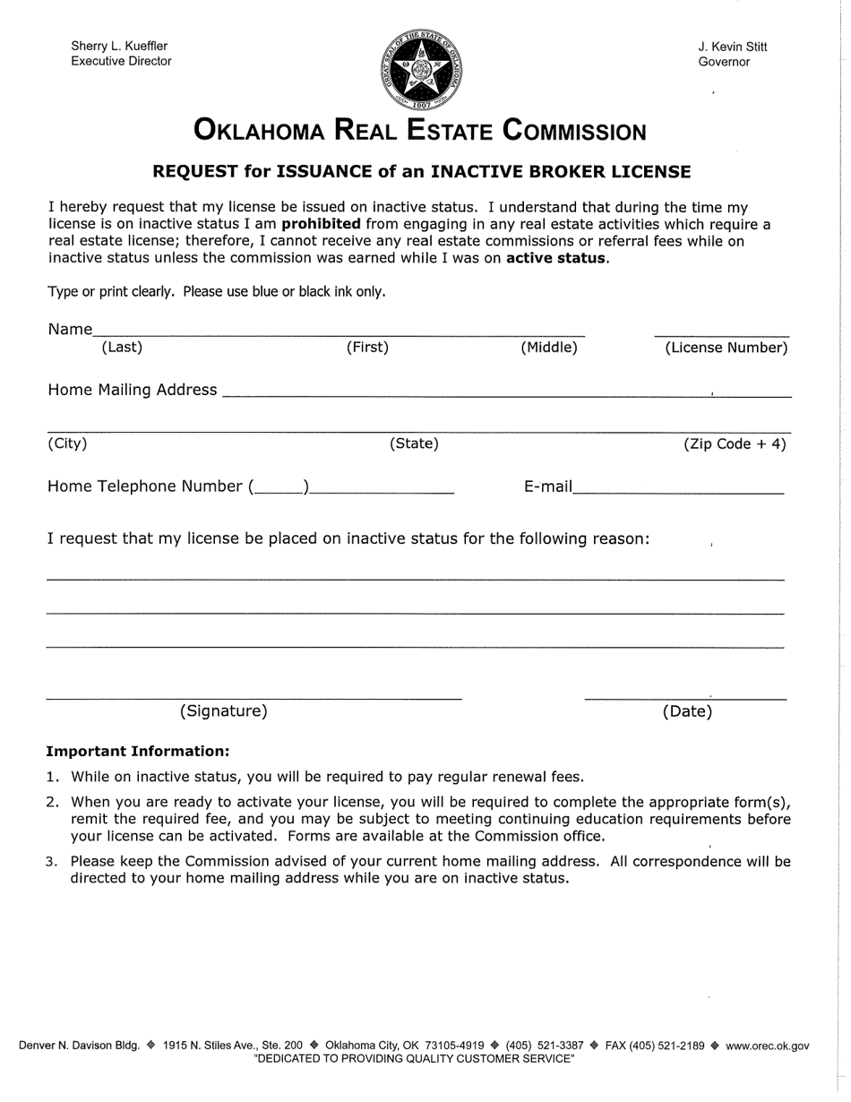 Request for Issuance of an Inactive Broker License - Oklahoma, Page 1