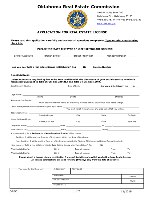 Application for Real Estate License - Oklahoma