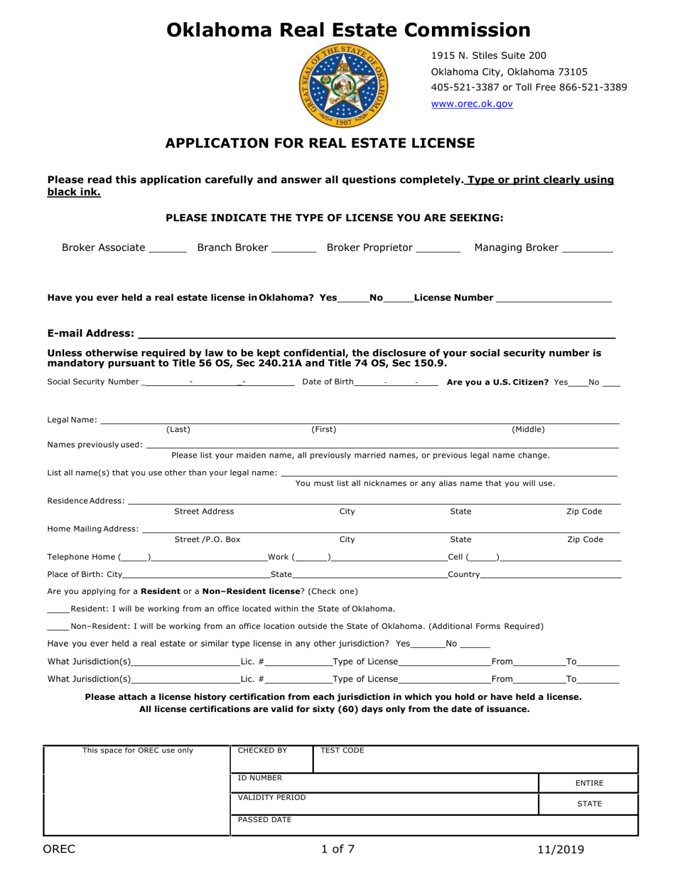 Application for Real Estate License - Oklahoma, Page 1