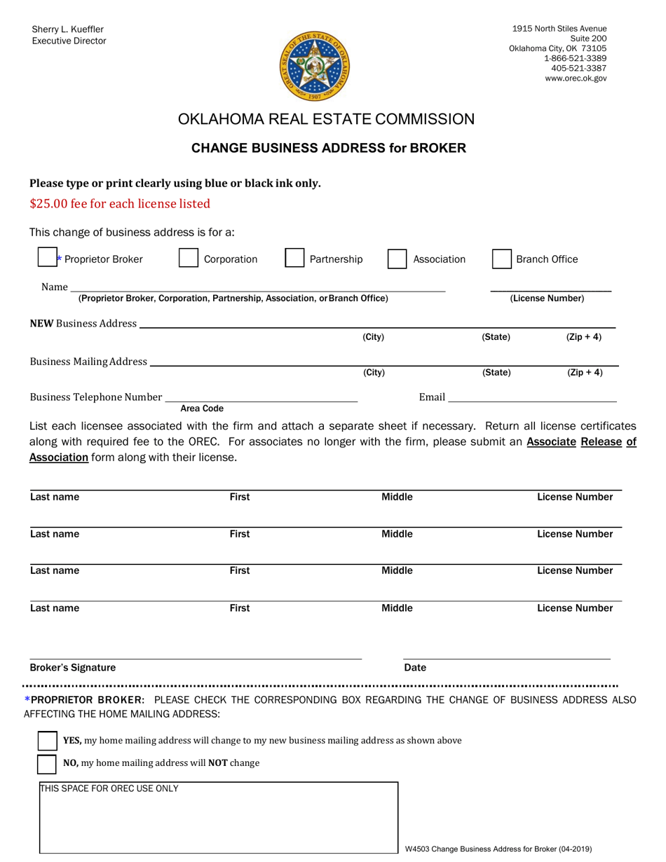 Form W4503 Change Business Address for Broker - Oklahoma, Page 1