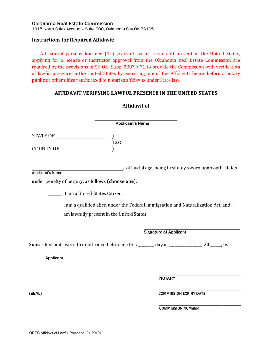 Oklahoma Affidavit Verifying Lawful Presence In The United States Fill Out Sign Online And 9448