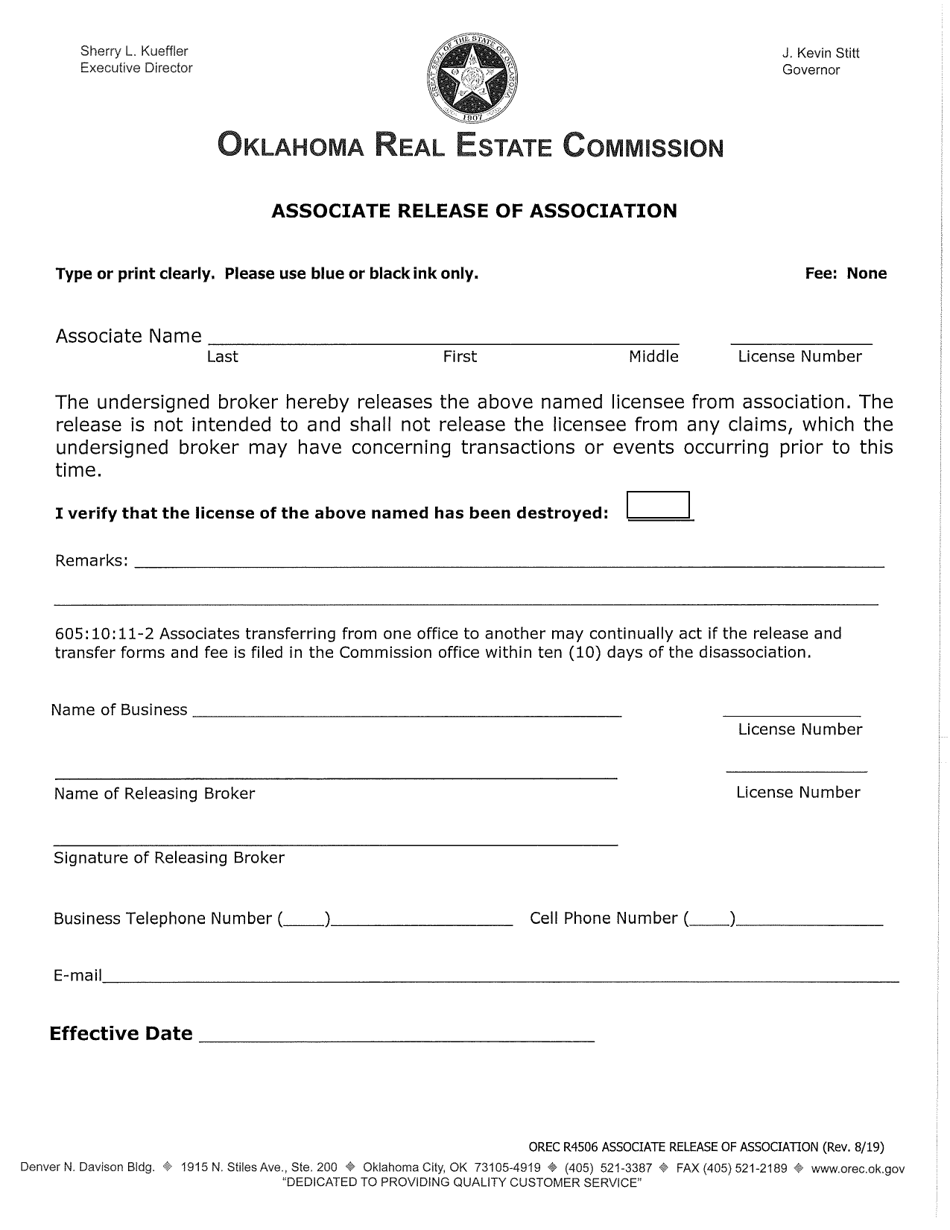 Form OREC R4506 Associate Release of Association - Oklahoma, Page 1