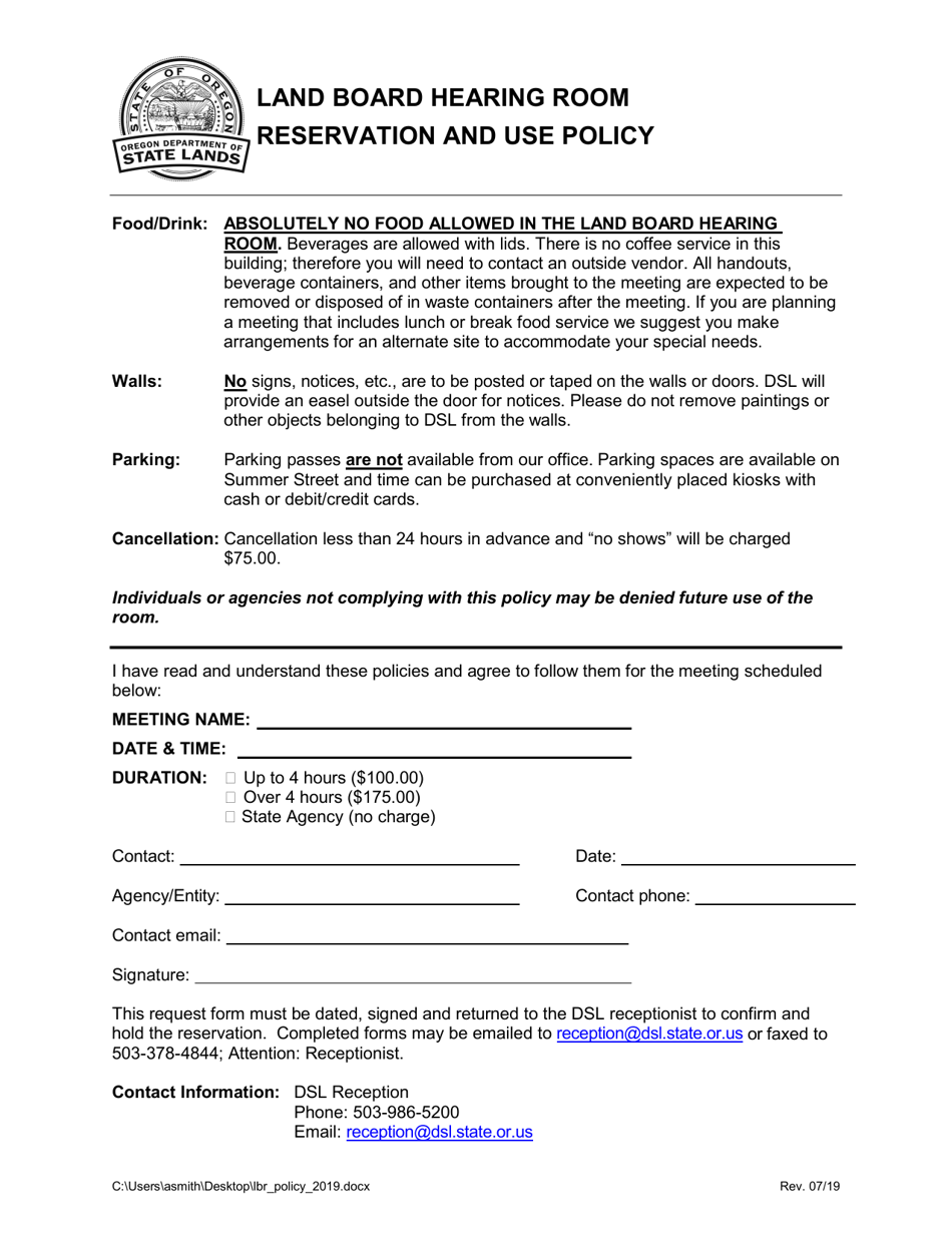 Land Board Hearing Room Reservation and Use Policy - Oregon, Page 2