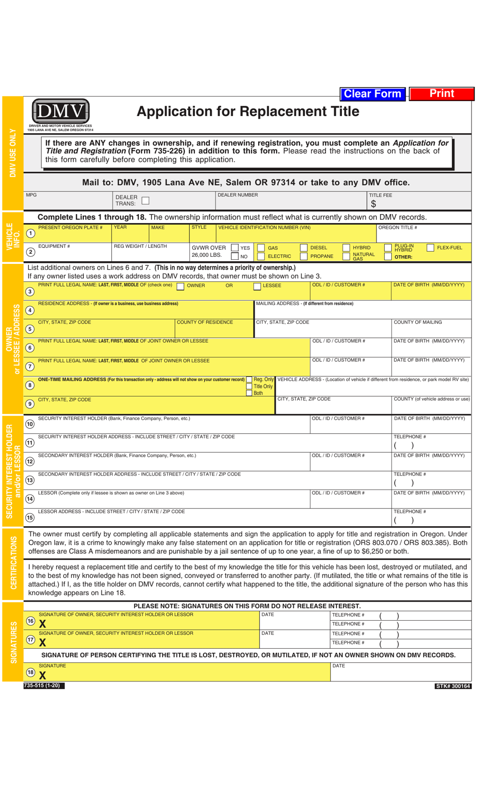 Form 735-515 Application for Replacement Title - Oregon, Page 1