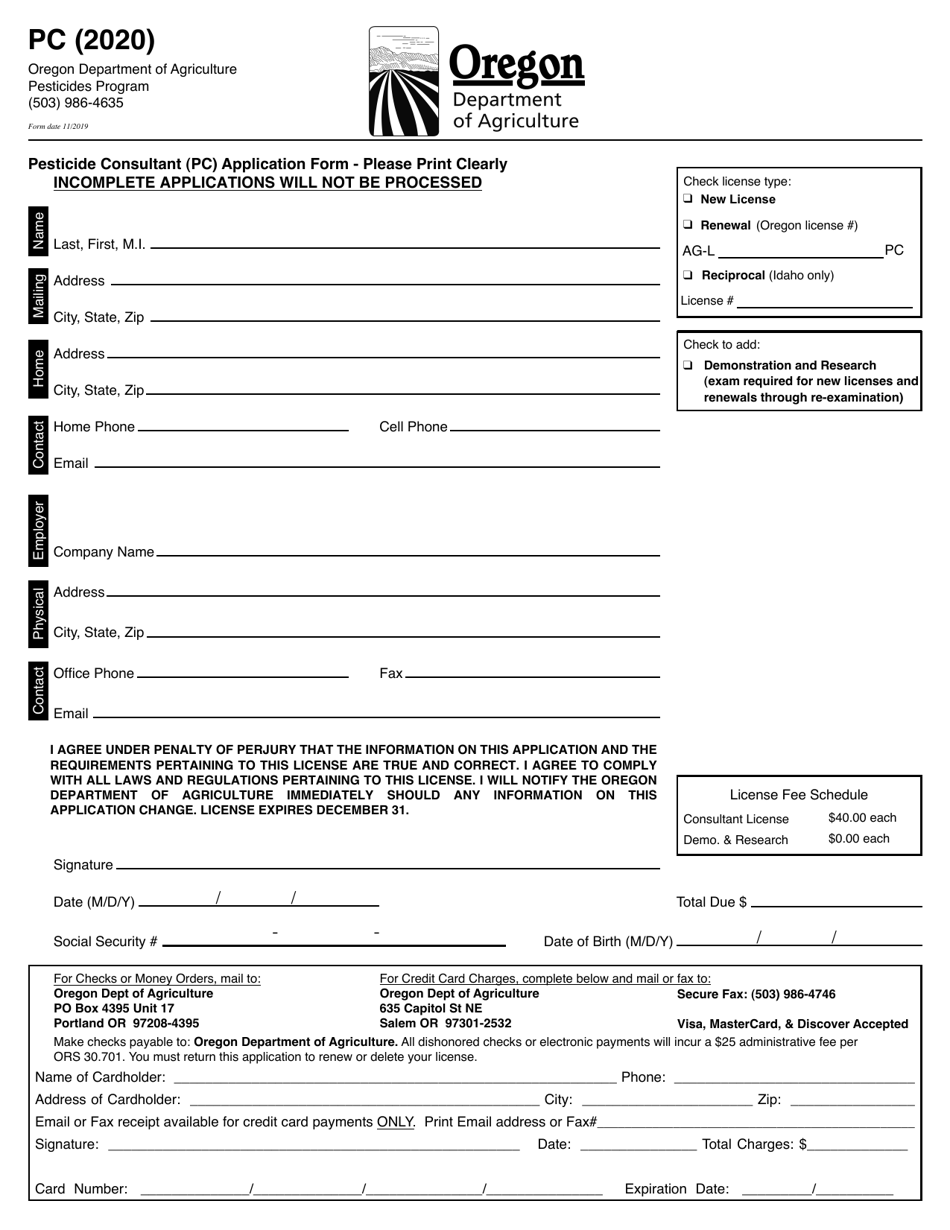 Pesticide Consultant (Pc) Application Form - Oregon, Page 1