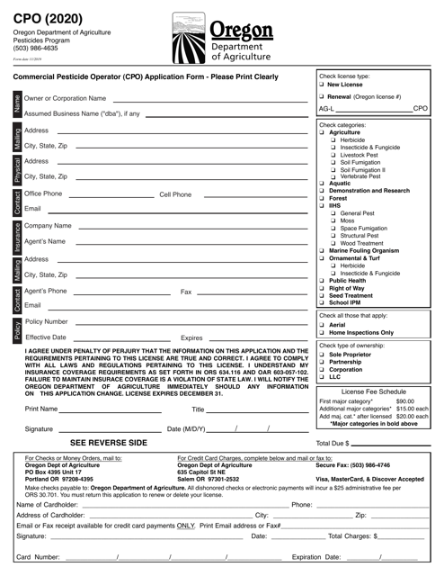 Form CPO Commercial Pesticide Operator (Cpo) Application Form - Oregon