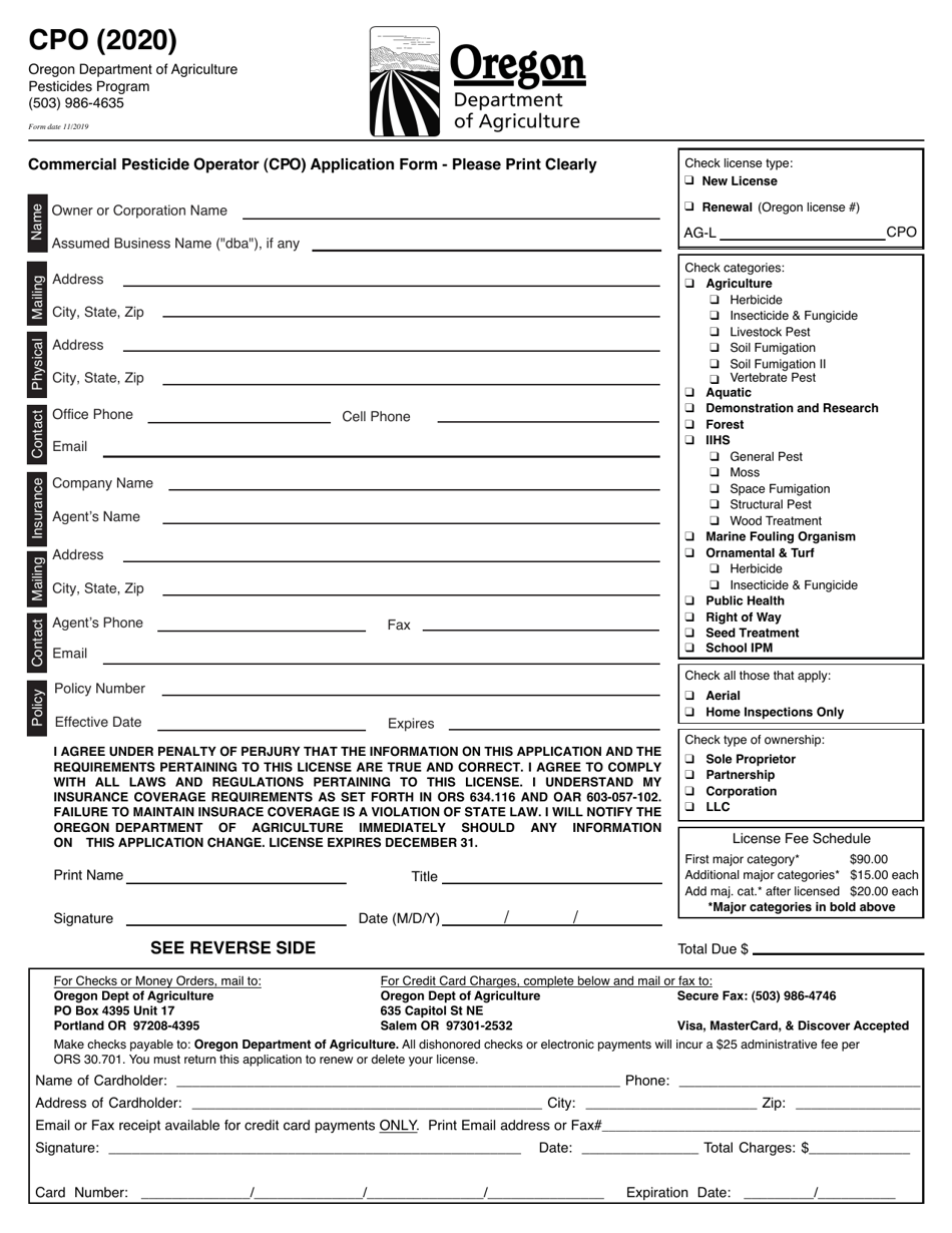 Form CPO Commercial Pesticide Operator (Cpo) Application Form - Oregon, Page 1