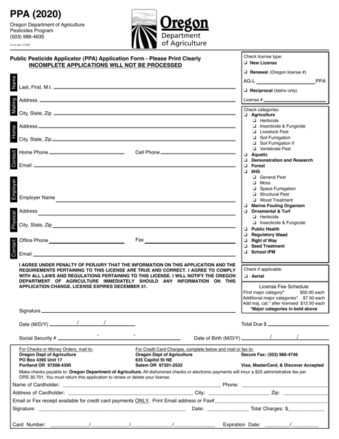 Form PPA Public Pesticide Applicator (Ppa) Application Form - Oregon, 2020