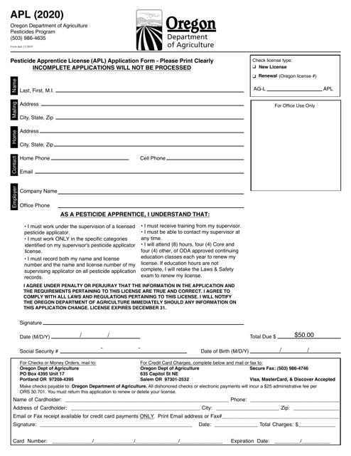 Form APL Pesticide Apprentice License (Apl) Application Form - Oregon, 2020