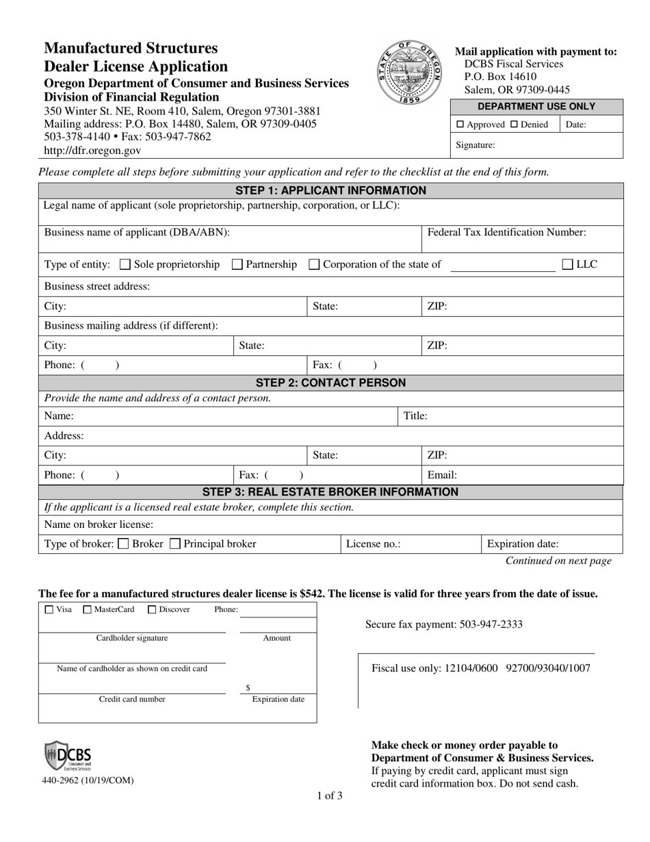 Form 440-2962 Manufactured Structures Dealer License Application - Oregon, Page 1