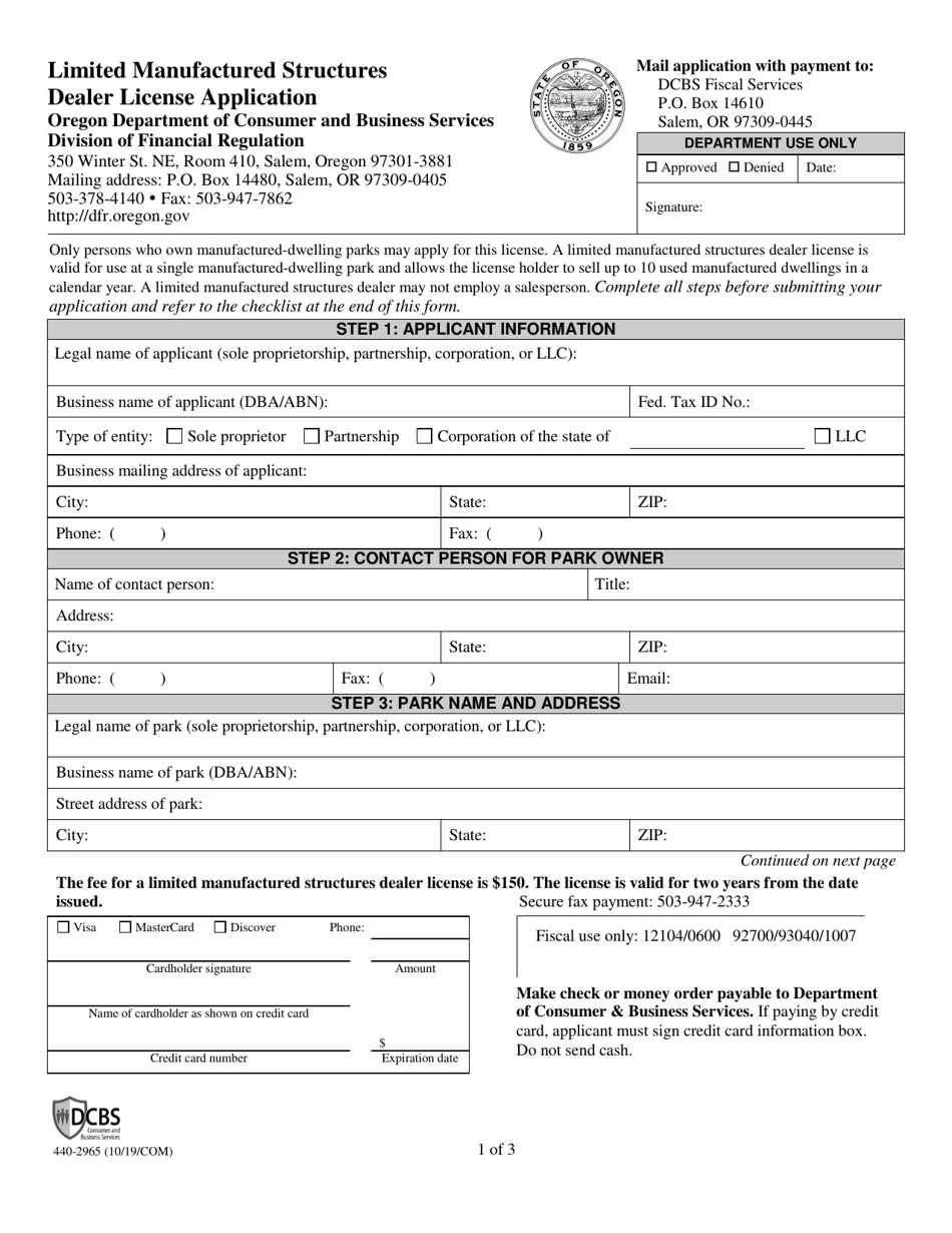 Form 440-2965 Limited Manufactured Structures Dealer License Application - Oregon, Page 1