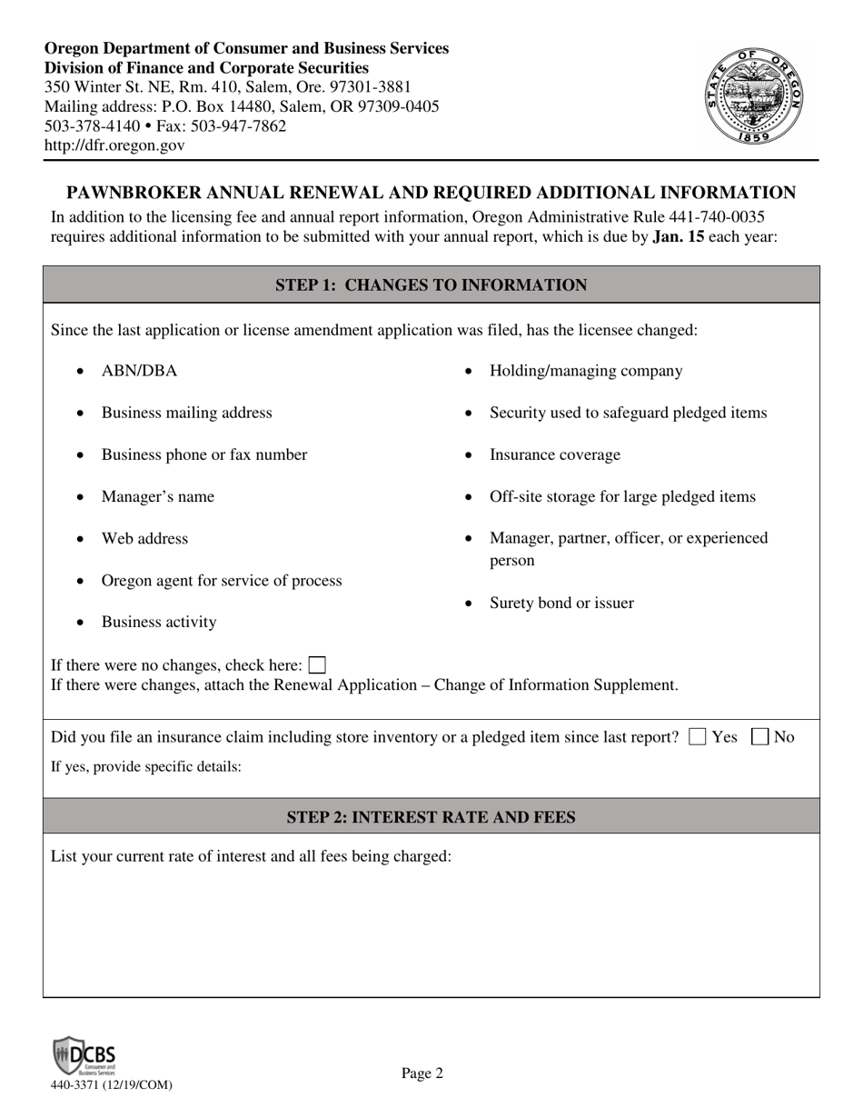 Form 440-3371 Pawnbroker Annual Report - Oregon, Page 2