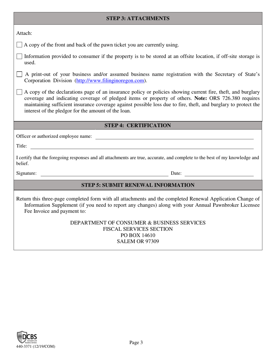 Form 440-3371 Pawnbroker Annual Report - Oregon, Page 3