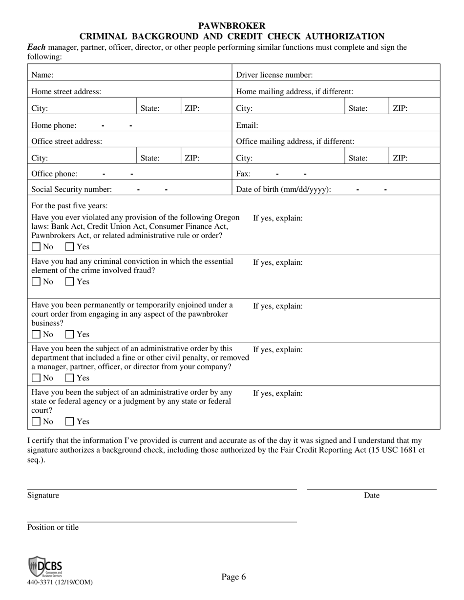 Form 440-3371 Download Printable Pdf Or Fill Online Pawnbroker Annual 