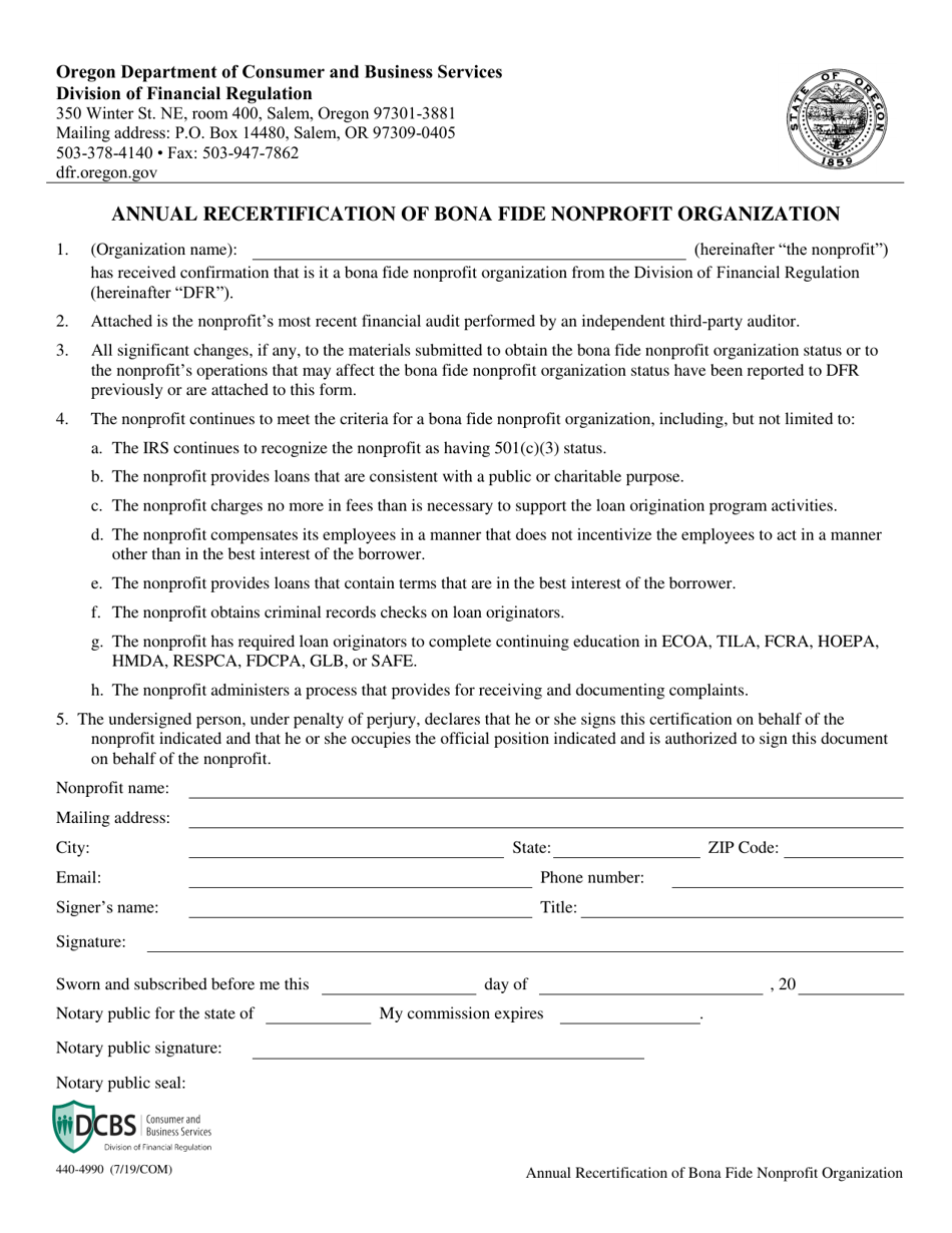 Form 440-4990 Annual Recertification of Bona Fide Nonprofit Organization - Oregon, Page 1