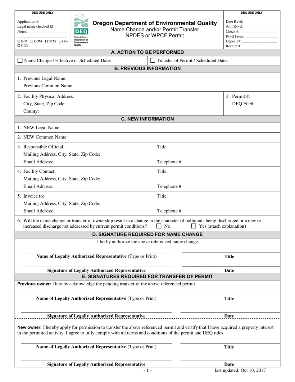 Name Change and / or Permit Transfer for Npdes or Wpcf Permit - Oregon, Page 1