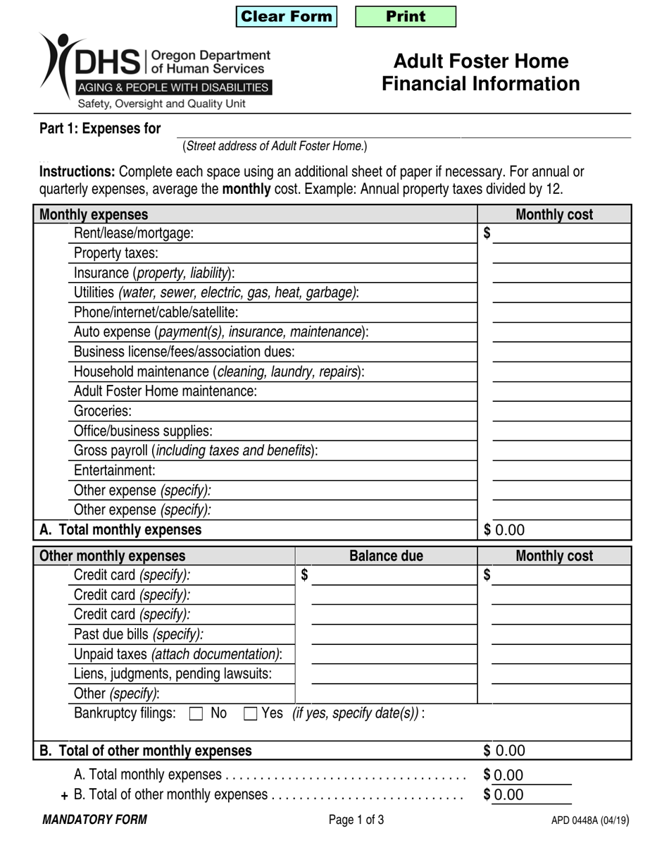 Form APD0448A Adult Foster Home Financial Information - Oregon, Page 1