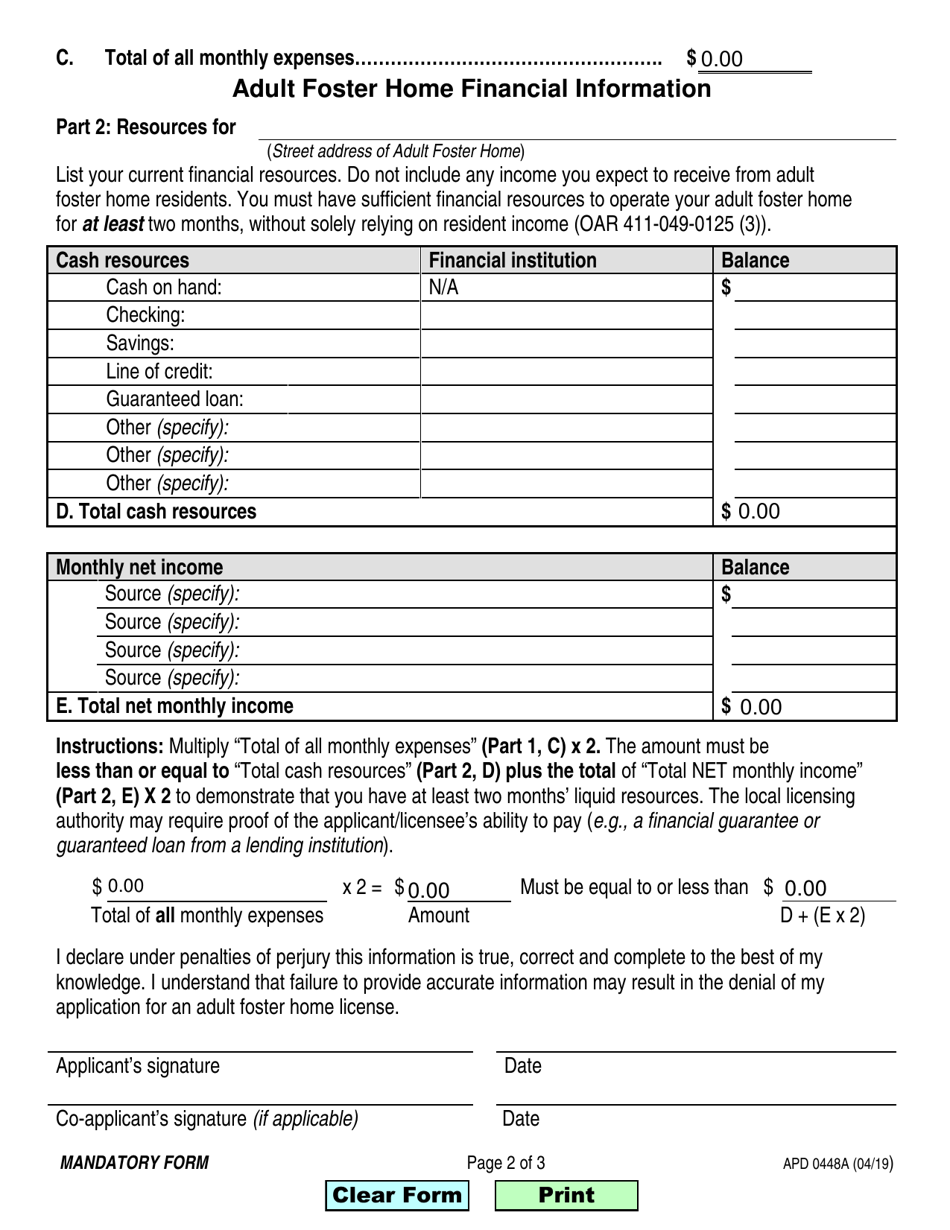 Form APD0448A Adult Foster Home Financial Information - Oregon, Page 2