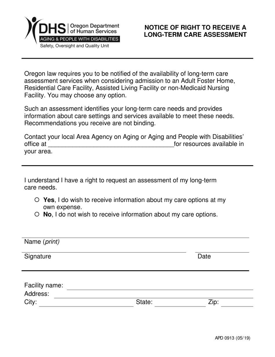 Form APD0913 Notice of Right to Receive a Long-Term Care Assessment - Oregon, Page 1