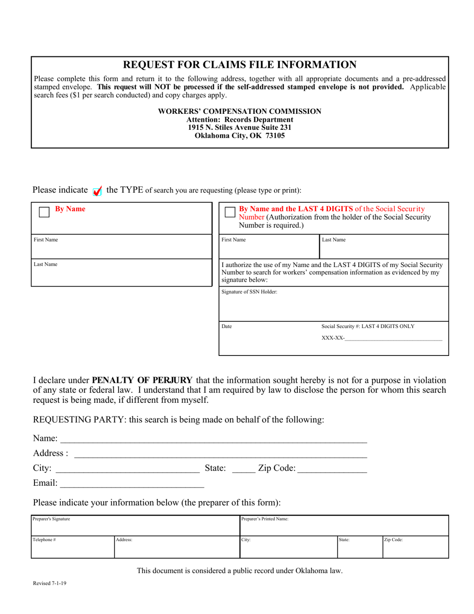 Request for Claims File Information - Oklahoma, Page 1