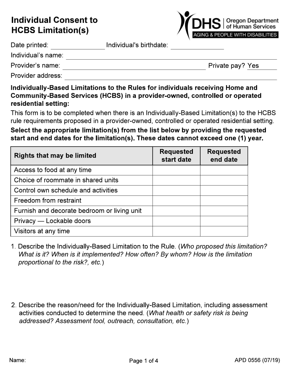 Form APD0556 Individual Consent to Hcbs Limitation(S) - Oregon, Page 1