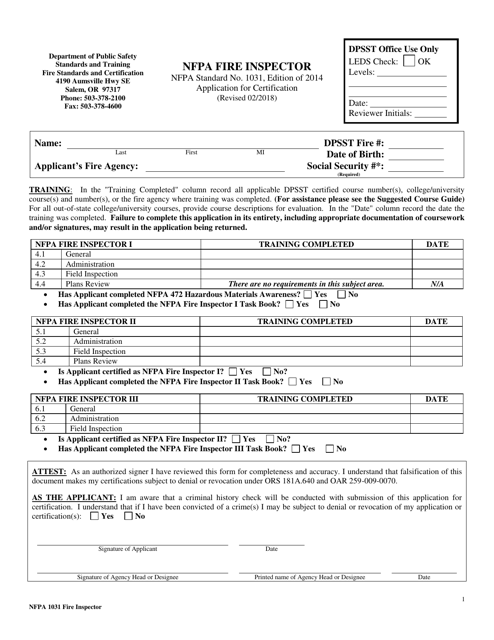 NFPA Fire Inspector Application for Certification - Oregon Download Pdf