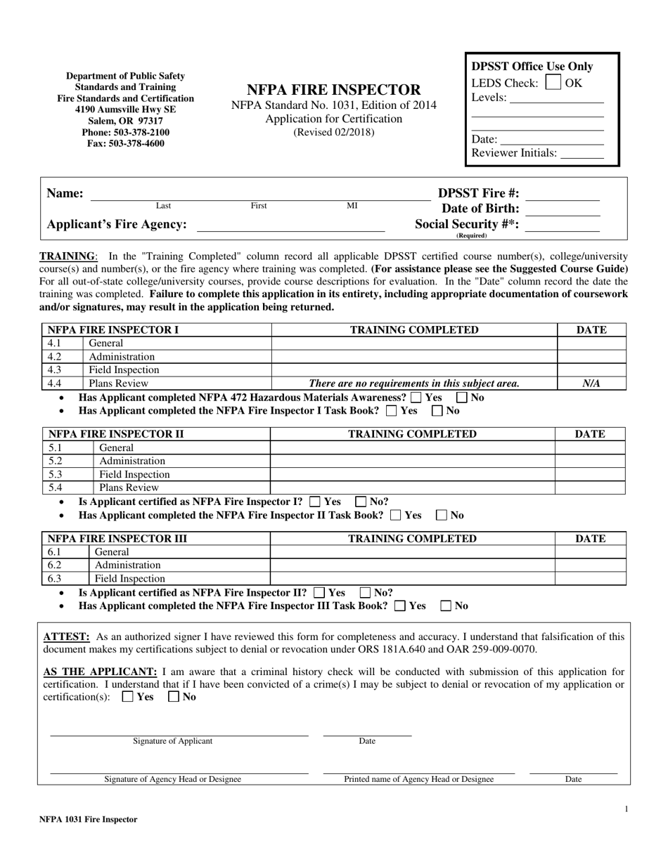 NFPA Fire Inspector Application for Certification - Oregon, Page 1