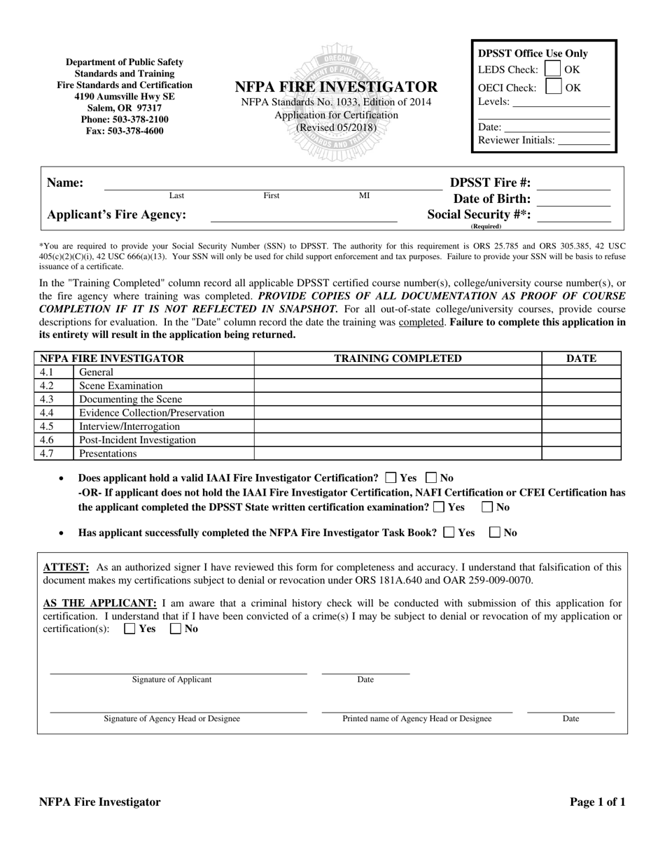 NFPA Fire Investigator Application for Certification - Oregon, Page 1