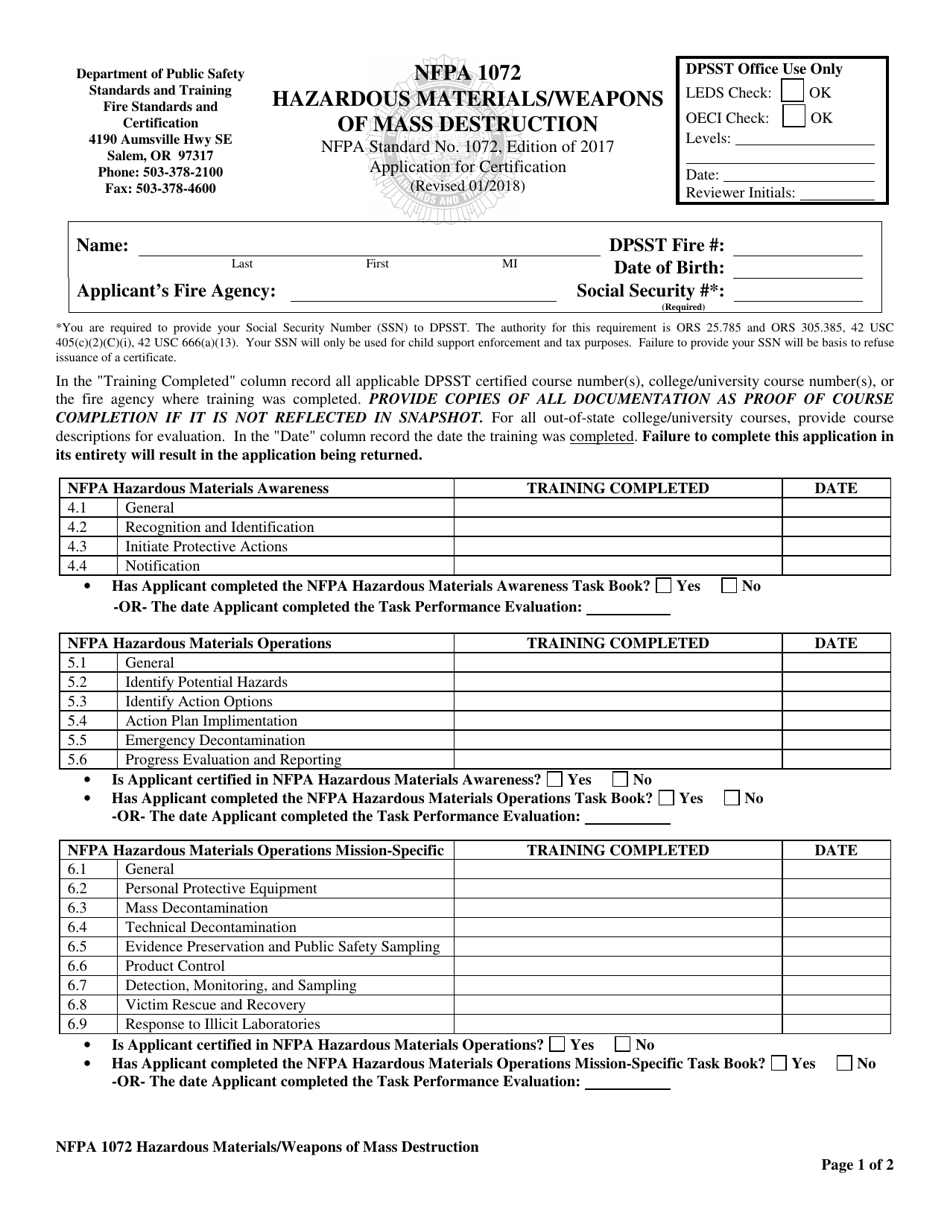 NFPA 1072 Hazardous Materials / Weapons of Mass Destruction Application for Certification - Oregon, Page 1