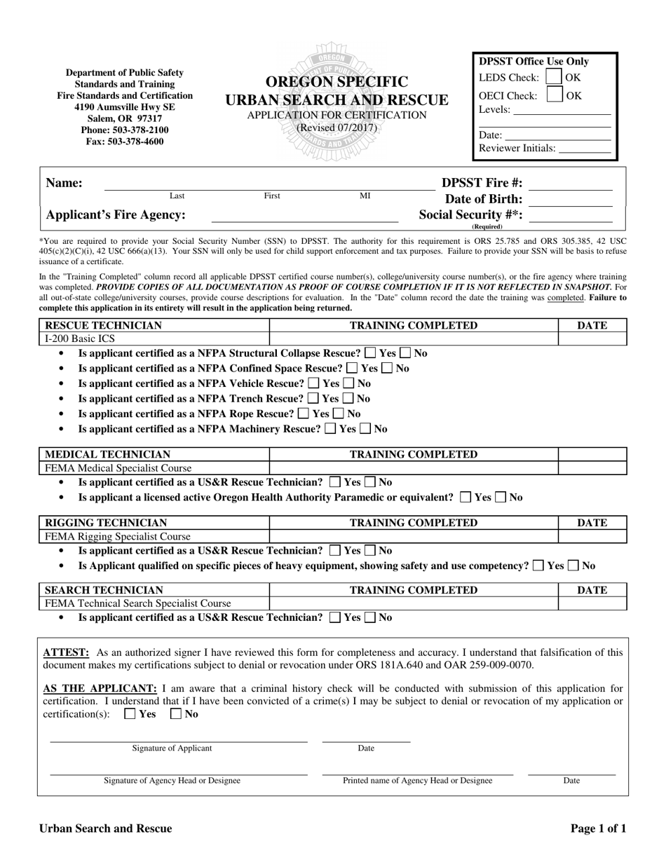 Oregon Specific Urban Search and Rescue Application for Certification - Oregon, Page 1